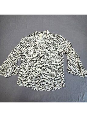 Chicos Size 1 Medium Blouse Black White Script Button Up Long Ruffle Sleeves